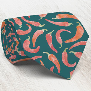 Chili Pepper Red Teal Green Watercolor Art Neck Tie
