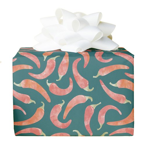 Chili Pepper Red Teal Green Watercolor Art Wrapping Paper