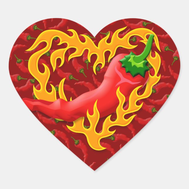 Chili Pepper with Flame Heart Heart Sticker (Front)
