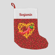 Chili Pepper with Flame Heart on Red Background Small Christmas Stocking