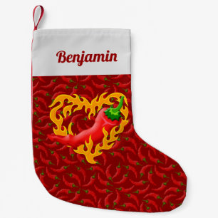 Chili Pepper with Flame Heart on Red Background Small Christmas Stocking