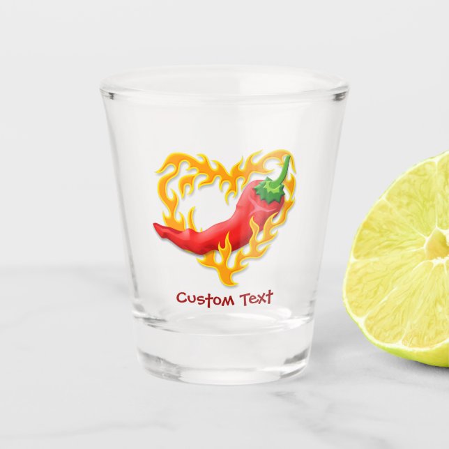 Chili Pepper with Flame Heart Shot Glass (Front)