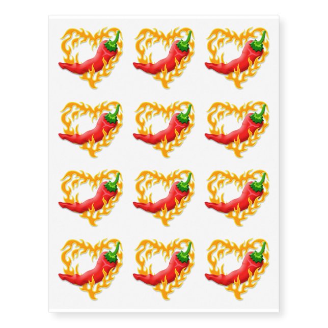 Chili Pepper with Flame Heart Temporary Tattoos (Front)