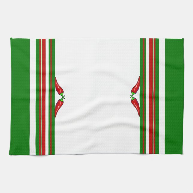 Chili Peppers & Red, Green, and White Stripes Towel (Horizontal)