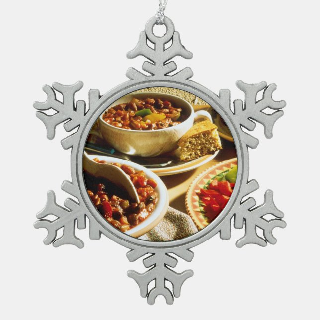 Chili with Cornbread Snowflake Pewter Christmas Ornament (Front)