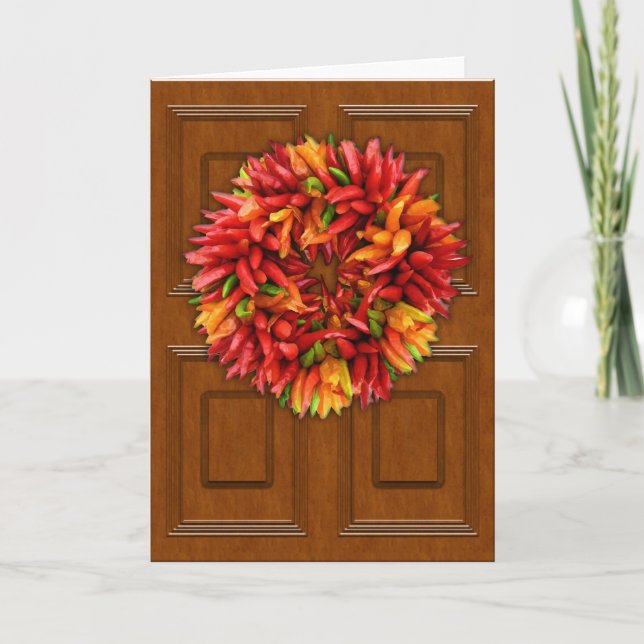 Chili Wreath on Wood Door Holiday Card (Front)