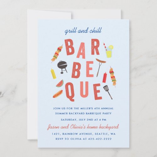 Chill and Grill Barbeque party Blue Invitation