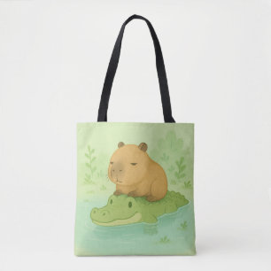 Chill Brown Capybara on Green Crocodile in nature Tote Bag