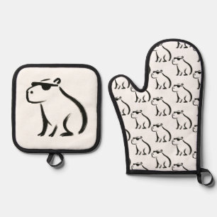 Chill Capybara – Ink Brush Design Tote Bag Oven Mitt & Pot Holder Set