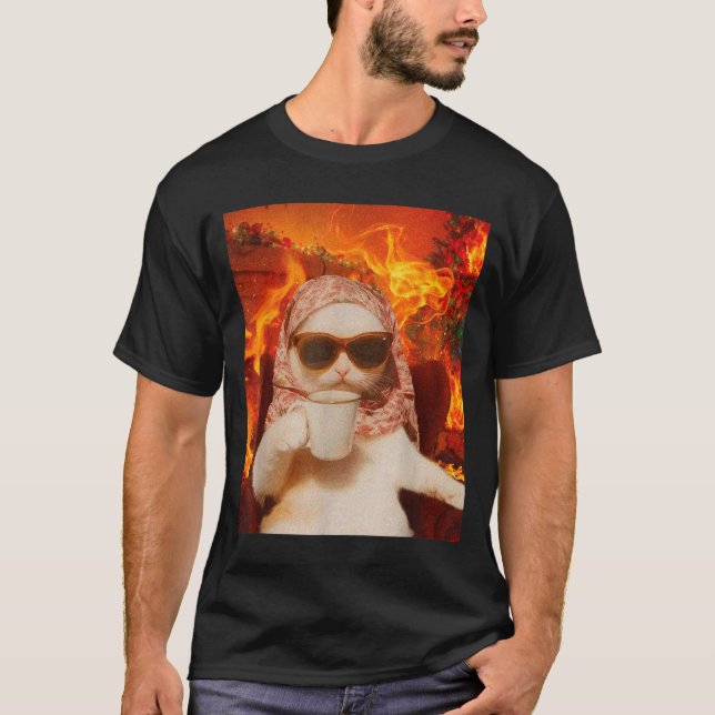 Chill Cat And Coffe Xmas Funny Cat Meme Y2k Joke  T-Shirt (Front)