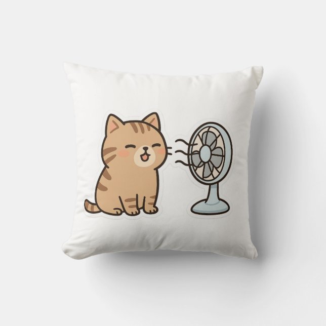 Chill Cat by the Fan – Cute Summer Sticker" Throw Pillow (Front)