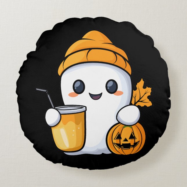 Chill Ghost Warm Coffee Cozy Fall Round Pillow (Front)