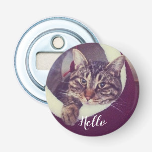 Chill Gray Tabby Cat Says Hello Custom Photo Bottle Opener