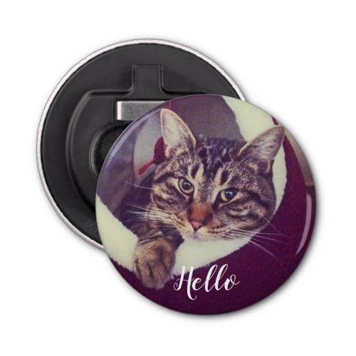 Chill Gray Tabby Cat Says Hello Custom Photo Bottle Opener