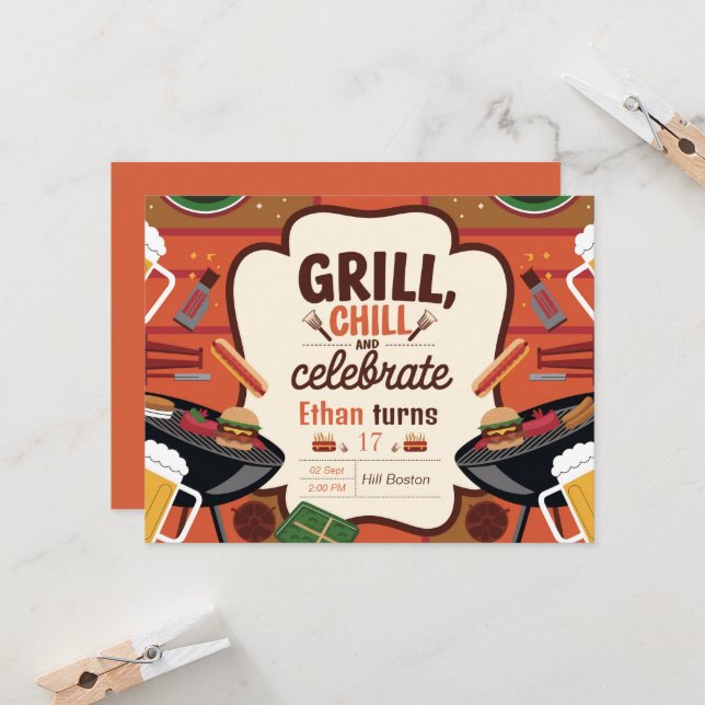 Chill Grill and Beer Birthday Invitation Card (Front/Back In Situ)