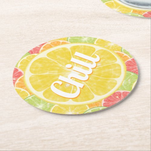 Chill Lemon Citrus Slices Round Paper Coaster