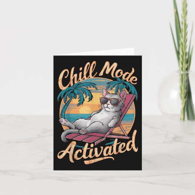 Chill Mode Activated Cat With Gles On Beach  Card (Front)