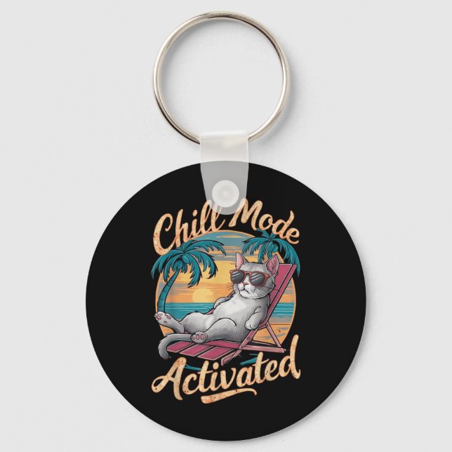 Chill Mode Activated Cat With Gles On Beach  Keychain (Front)