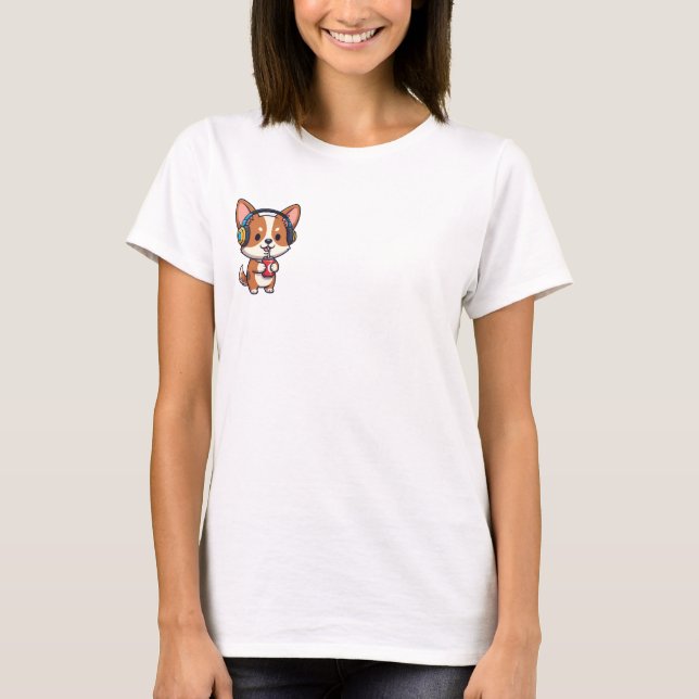 Chill Music-Loving Corgi Puppy Sipping Soda T-Shirt (Front)