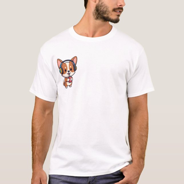 Chill Music-Loving Corgi Puppy Sipping Soda T-Shirt (Front)