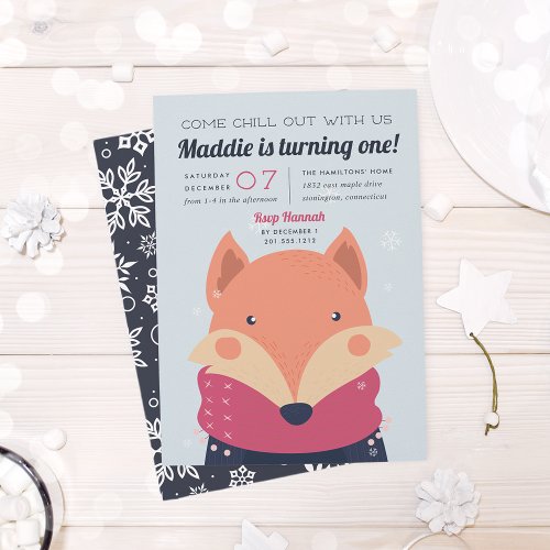 Chill Out  Cute Winter Fox Birthday Party Invitation
