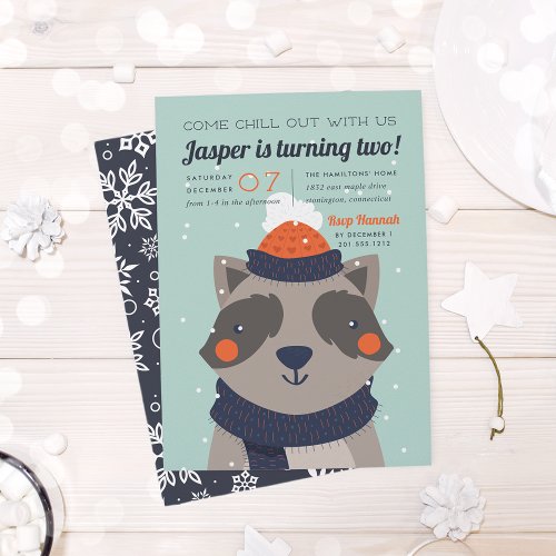 Chill Out  Cute Winter Raccoon Birthday Party Invitation