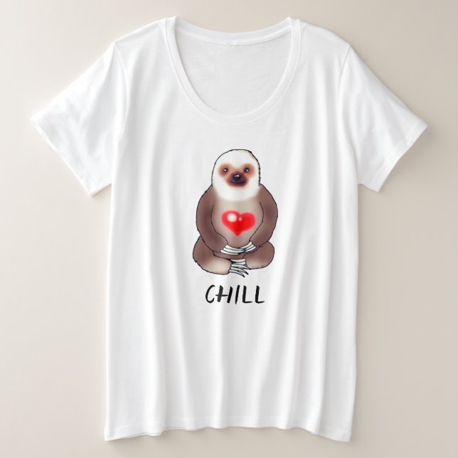 Chill Sloth with Glowing Heart Plus Size T-Shirt (Design Front)