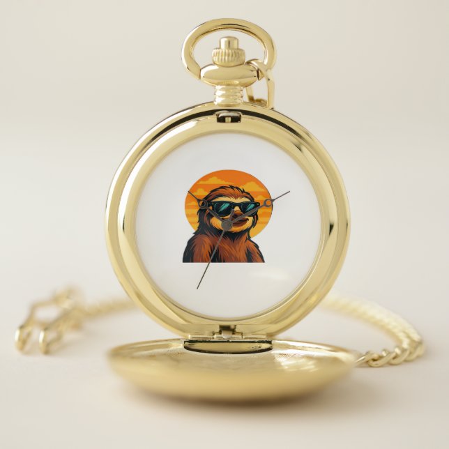 Chill Sloth with Sunglasses - Retro Sunset Vibes C Pocket Watch (Inside)