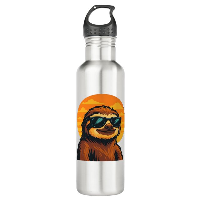 Chill Sloth with Sunglasses - Retro Sunset Vibes C Stainless Steel Water Bottle (Front)