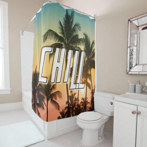Chill Tropical Sunset Beach Palm Tree Shower Curtain