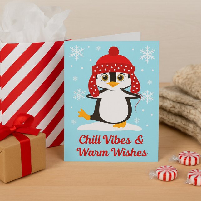 Chill Vibes & Warm Wishes Cute Penguin Christmas Card (Creator Uploaded)