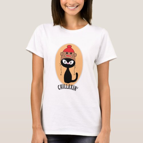 CHILLAXIN Black Cartoon Cat With Sock Monkey Hat T_Shirt