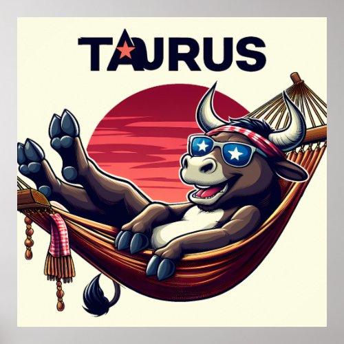 Chillaxing Patriotic Taurus Bull in Hammock Design Poster