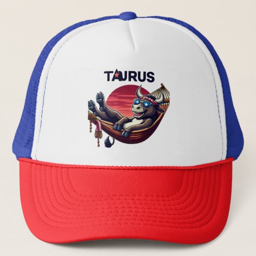 Chillaxing Patriotic Taurus Bull in Hammock Design Trucker Hat