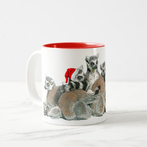 Chilled lemurs with santa hat Two_Tone coffee mug