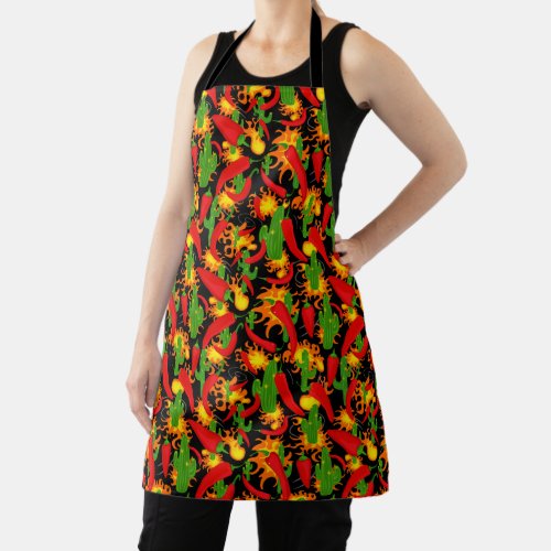 Chilli Pepper Cactus and Fire Spicy Food Pattern Apron