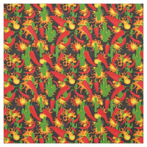 Chilli Peppers, Cactus and Flames Pattern Fabric
