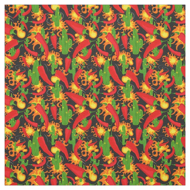 Chilli Peppers, Cactus and Flames Pattern Fabric (Swatch)