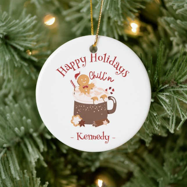 Chillin' Christmas Hot Chocolate and Gingerbread Ceramic Ornament (Tree)