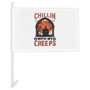 Chillin Creeps Halloween Haunted House Orange Moon Car Flag