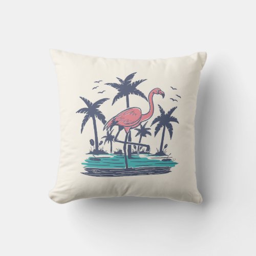 Chillin Flamingo on the Beach Throw Pillow