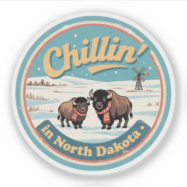 Chillin’ in North Dakota_ Retro Bison & Prairie  Sticker (Front)
