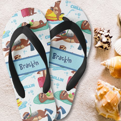 Chillin Sloth on Vacation Pattern Custom Kids Flip Flops