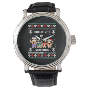 Chillin With My Slothmies Funny Sloth Ugly Christm Watch