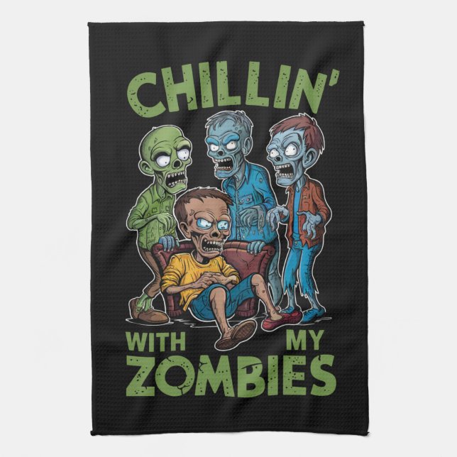 Chillin With My Zombies Halloween Boys Kids Funny Kitchen Towel (Vertical)