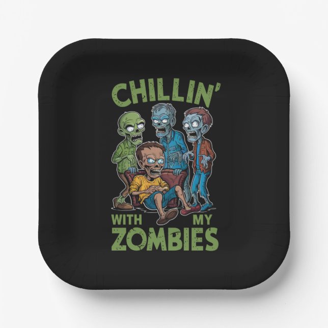 Chillin With My Zombies Halloween Boys Kids Funny Paper Plates (Front)