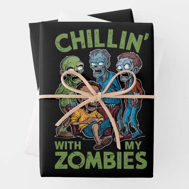 Chillin With My Zombies Halloween Boys Kids Funny Wrapping Paper Sheets (In situ)