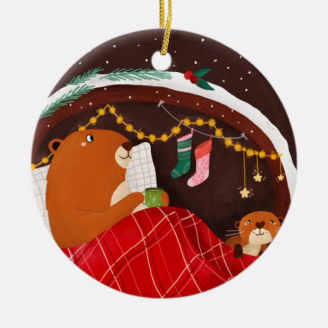 Chilling Beavers Ceramic Ornament (Front)