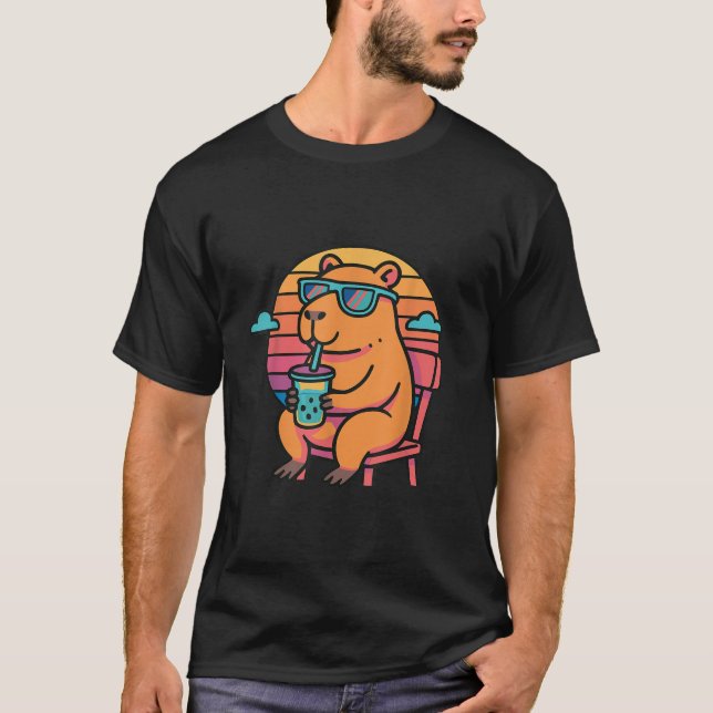 Chilling Capybara Cute Retro 80s Vaporwave Sunset  T-Shirt (Front)