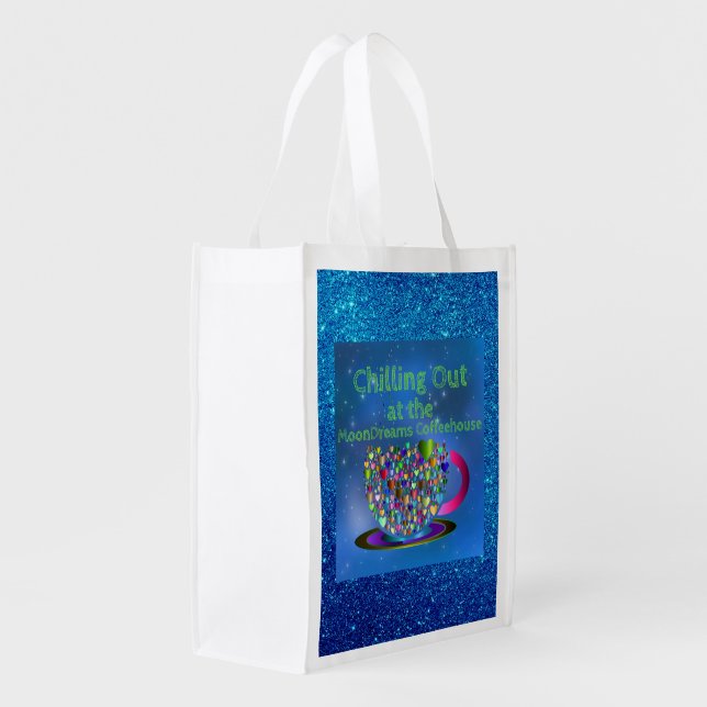 Chilling Out at the MoonDreams Coffeehouse Reusable Grocery Bag (Back Side)